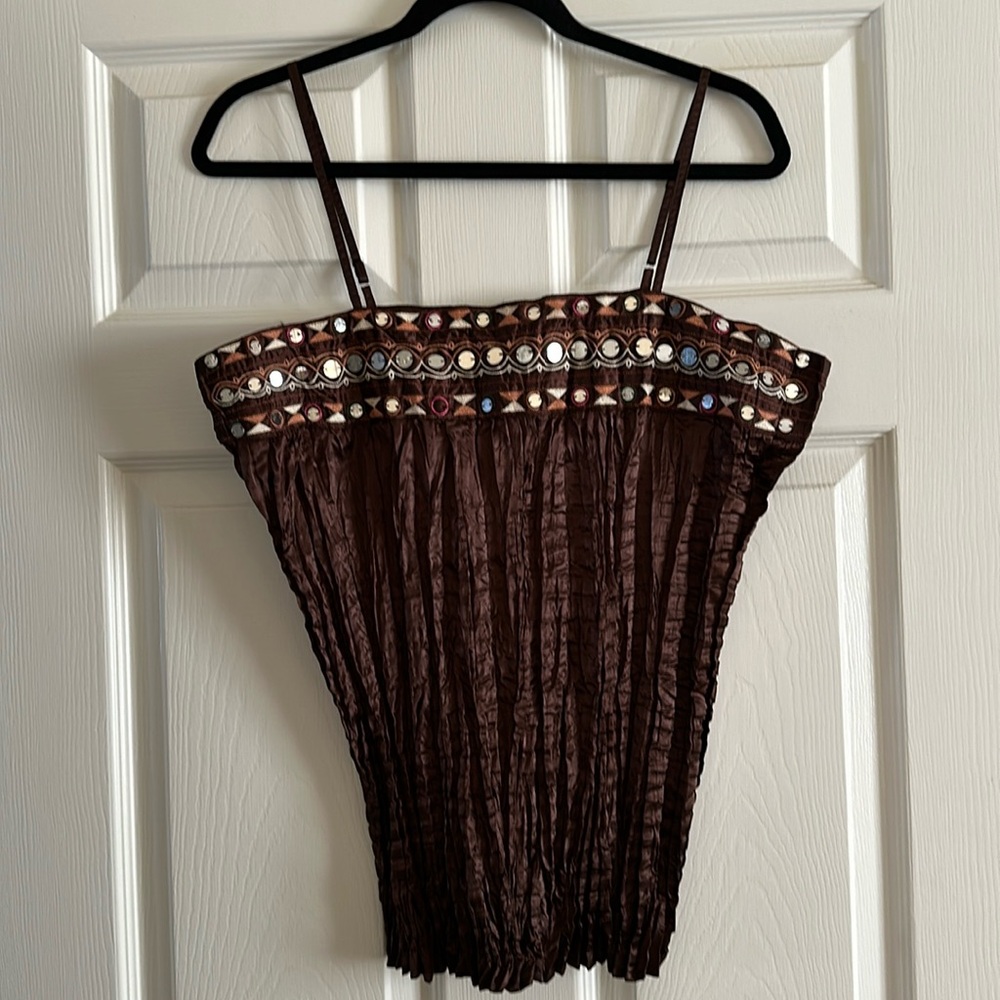 At Last Brown Embroidered Sequined Vintage Blouse